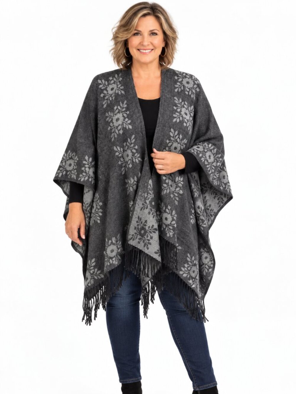 Gray Shawl Open Poncho One Size Floral Pattern Fringe Trim NO TAG